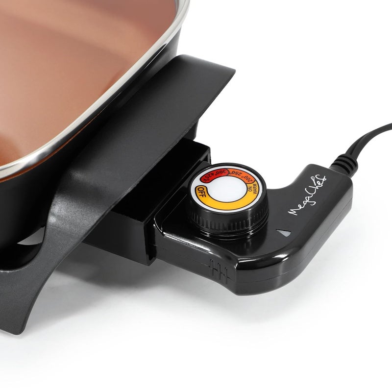 Mega chef Electric Skillet with Tempered Glass Lid, Copper Non-Stick Coating & Adjustable Temperature Control, Versatile Small Kitchen Appliance (8 Inch Skillet) - Image 4